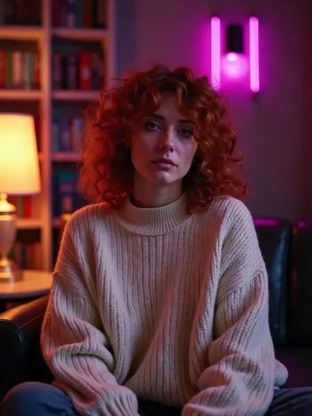 GirlfriendGPT: KI-generiertes Illustrationsbild, Rothaarige Frau mit Locken in cremefarbenem Strickpullover in einer Bibliothek mit warmen Lampen